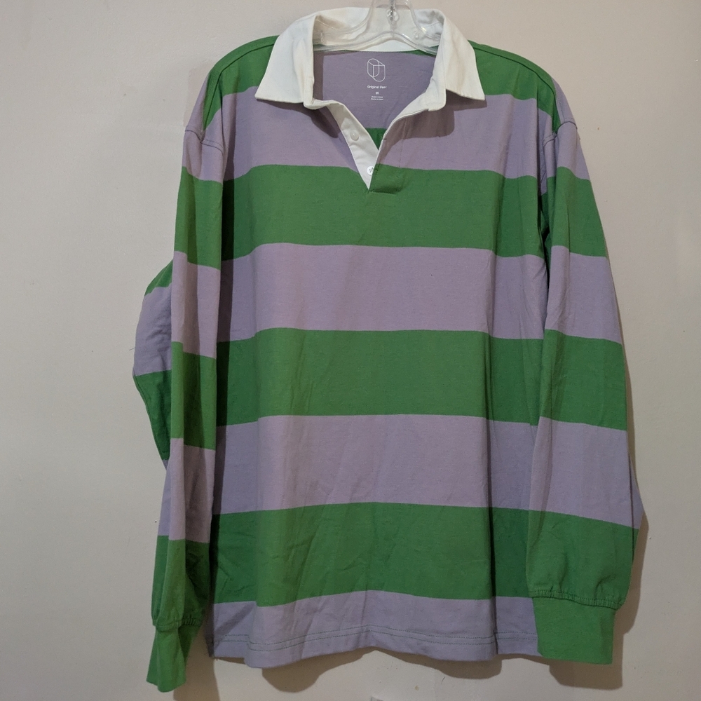 Original Use Green and Purple Striped Shirt Rugby Style Long Sleeve Shirt New